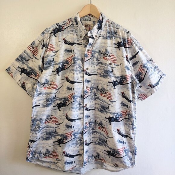 Red Head Men's Patriotic Short Sleeve Shirt Planes Ships USA Flag Men's Size XL - Picture 2 of 12